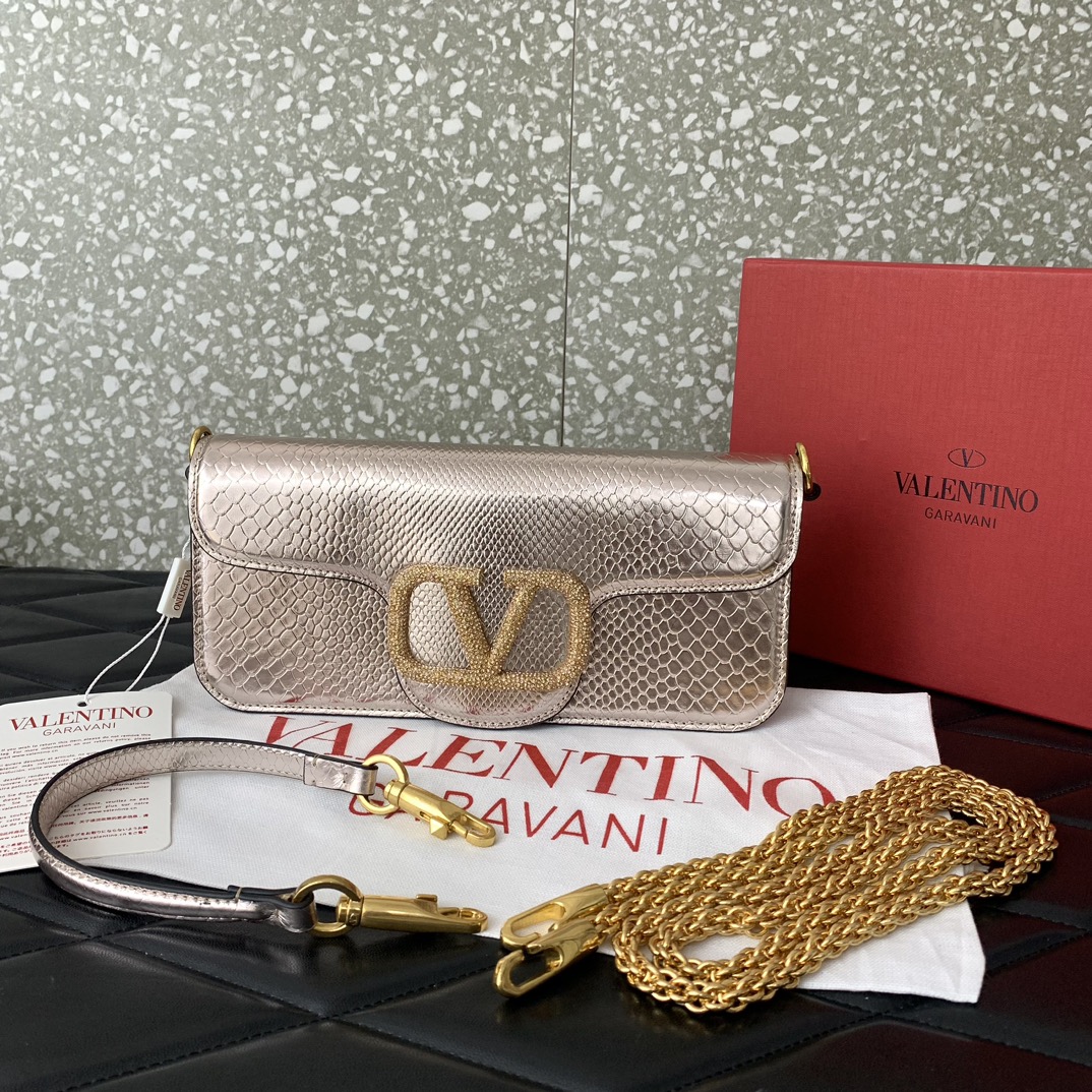 Valentino Garavani Loco Shoulder Bag in Gold Snake Grain Calfskin Leather